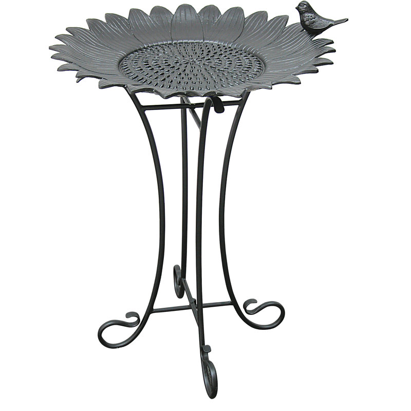 Antique Black Sunflower Metal Birdbath with Wrought Iron Stand