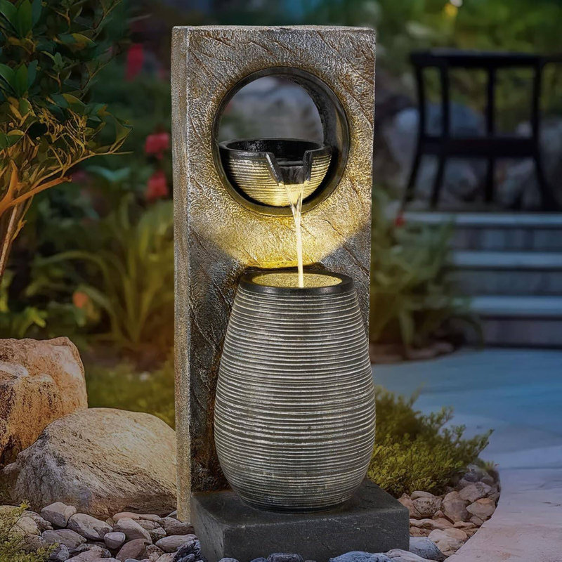 39.7-Inch Modern Outdoor Fountain with LED Lights – Freestanding Water Fountain for Garden and Yard Decor