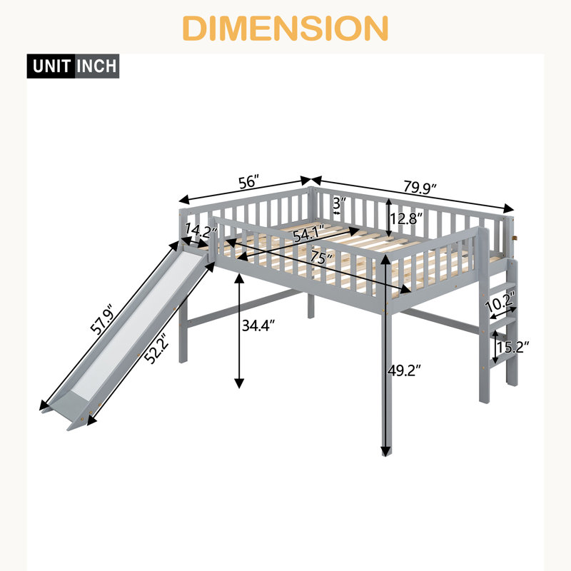 Full Size Low Loft Bed With Ladder And Slide, Gray