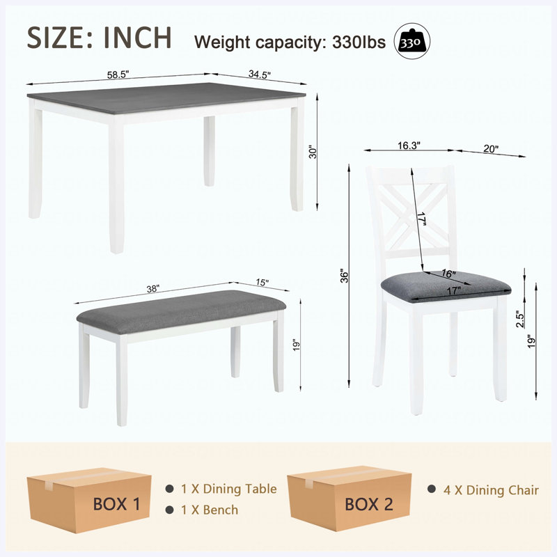 Ensemble de salle à manger 6 pièces bicolore gris et blanc, table rectangulaire en bois avec 4 chaises et banc rembourrés, 6 places assises