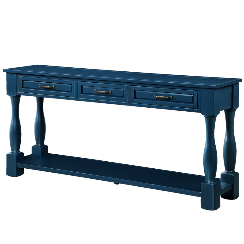 63" Console Table With Storage Drawers. Navy Blue, Solid Wood Frame, Stable Structure, Easy Assembly Bottom Shelf And Drawer. Strong Stable, To Install