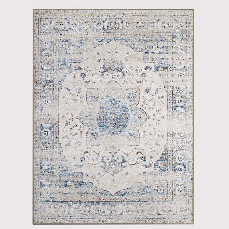 Traditional Medallion Distressed Oriental Blue/Ivory Area Rug, Rectangle 8' x 10'