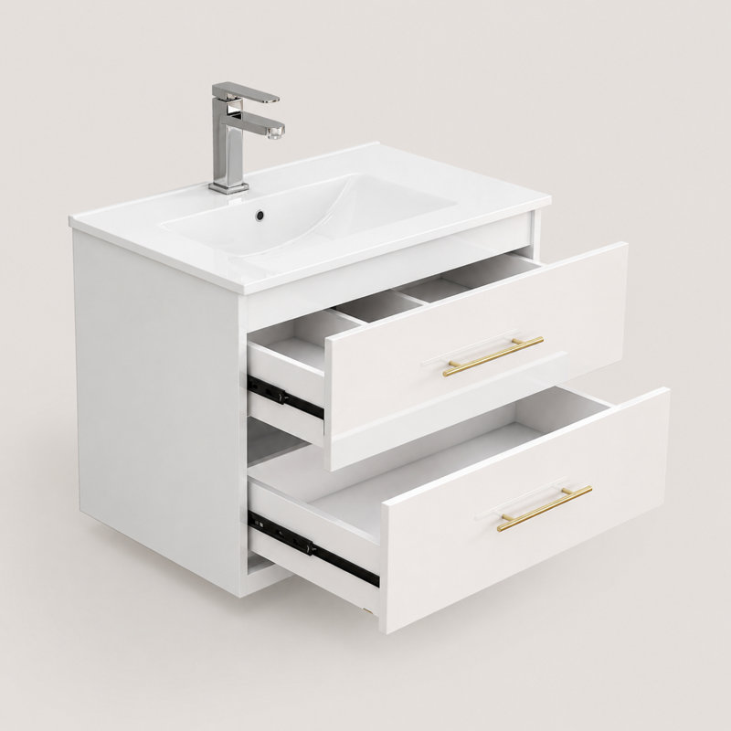 Ensemble de meuble-lavabo mural simple flottant 30 po avec tiroirs à fermeture en douceur et lavabo en céramique intégré, blanc