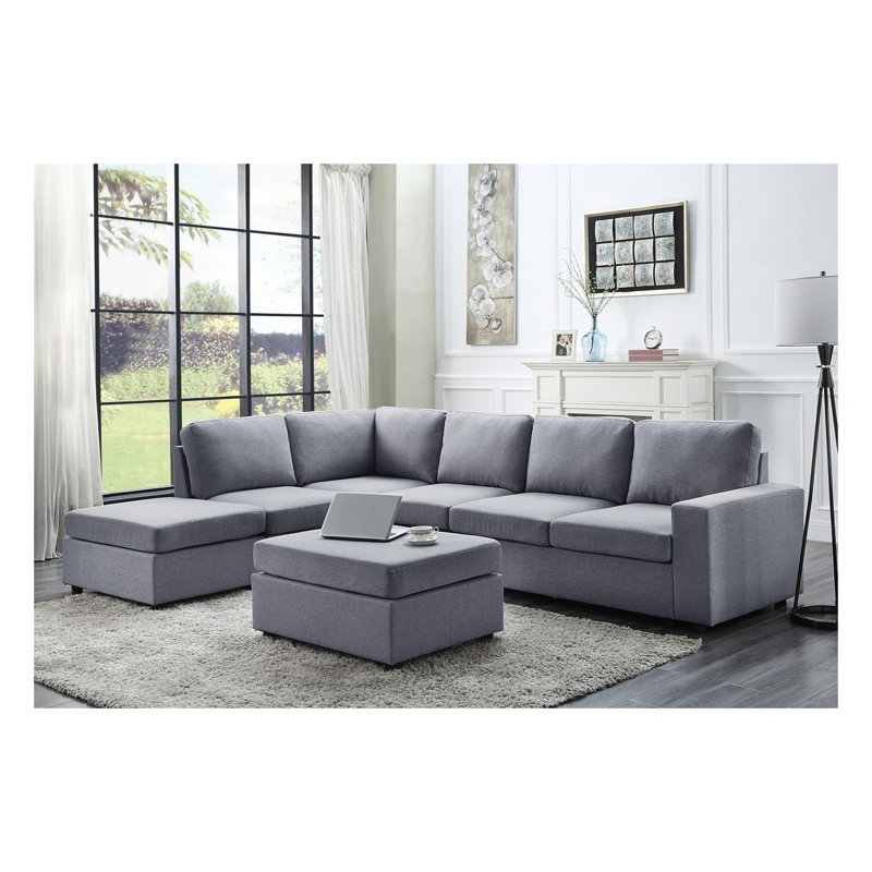 Canapé d'angle modulable réversible 7 places Cassia 120 po en lin gris pâle avec pouf