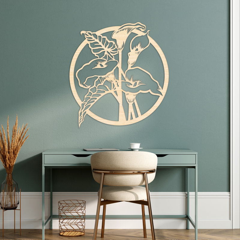 Art mural circulaire avec fleurs et feuilles - bouleau baltique naturel (22,5 po x 24 po), H 30 po x l 32 po x P 0,25 po