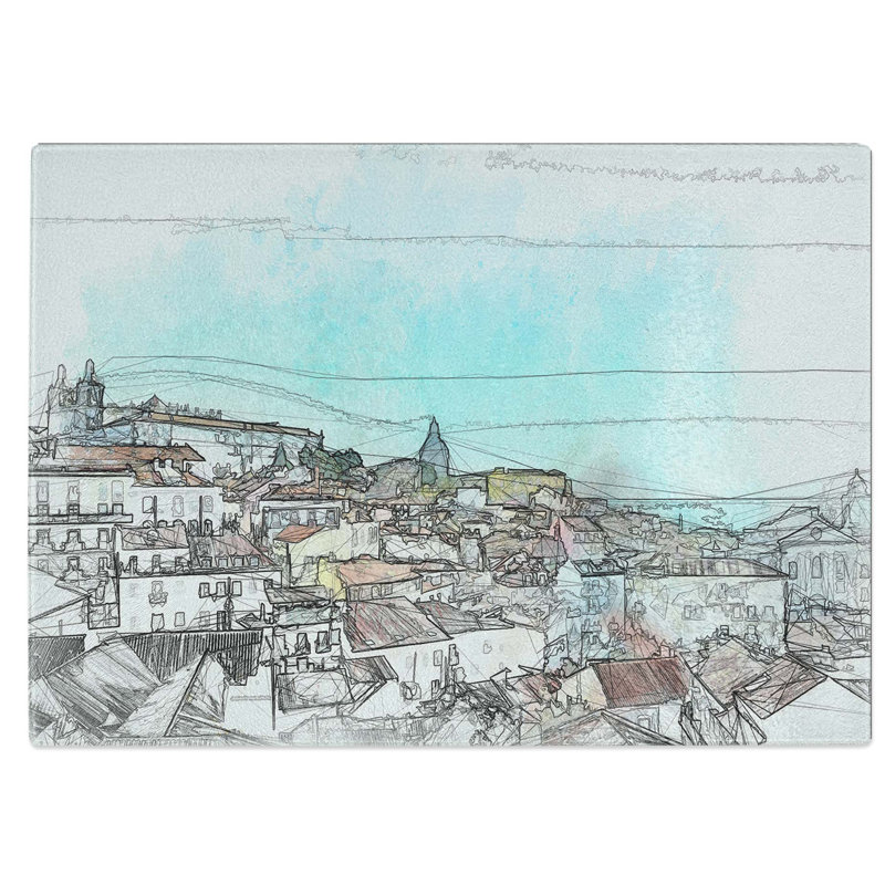 Tempered Glass Skyline of Alfalma Lisbon Portugal Chopping Board, 39 cm W x 28.5 cm L
