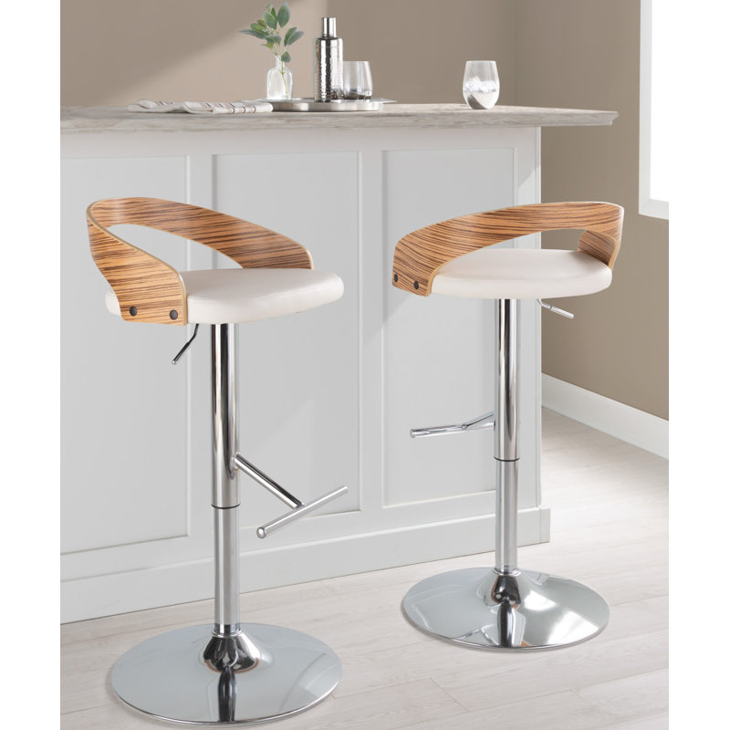 Laurenzio Adjustable Bar Stool with Straight T Footrest, Chrome/Zebra, White
