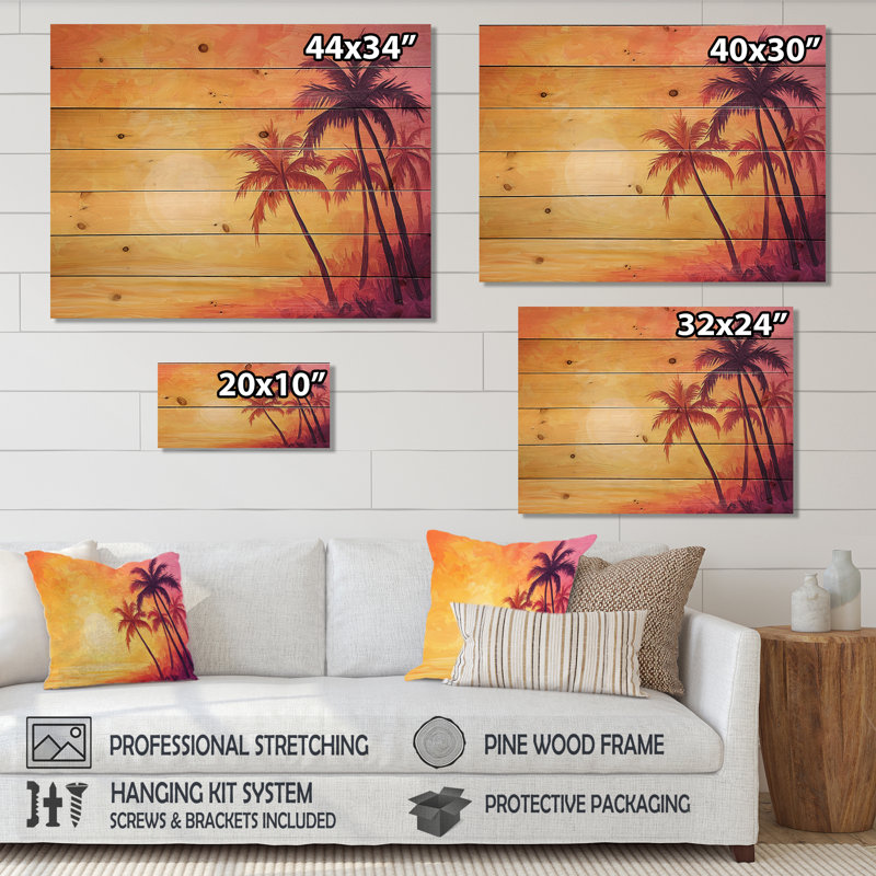 «Sunset Oasis Palm Trees II», impression sur bois jaune traditionnel sur bois de pin naturel, H 30 po x l 40 po