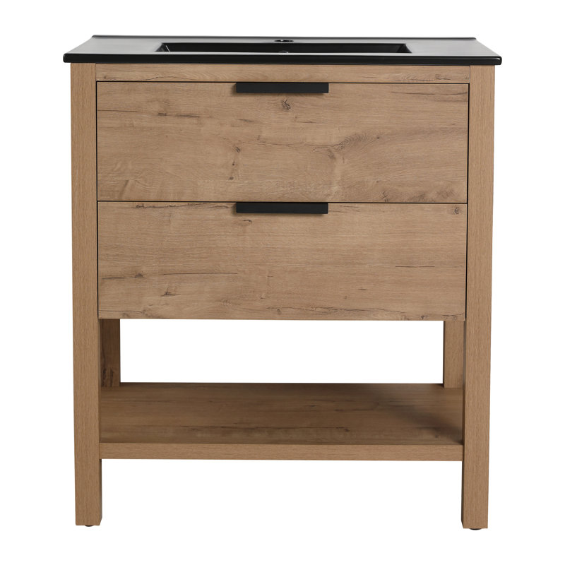 Armoire de salle de bain, autoportant, lavabo en céramique, contreplaqué, design moderne, instructions d'installation simple, tiroir de meuble-lavabo 30 po, armoire noire, méthode d'assemblage rapide