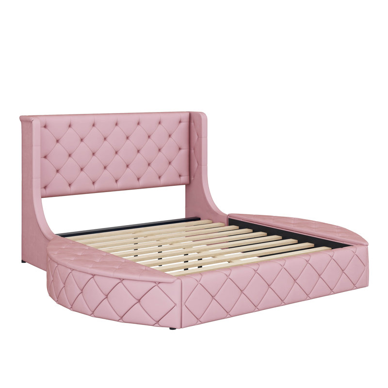 Grand lit plateforme de rangement capitonné Kiria, Rose