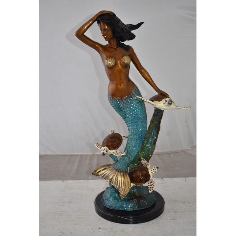 Statue en bronze Danne sirène et tortues en mer, taille: 14 po x 9 po x H 24 po