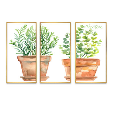 Two Green House Plants In Orange Flower Pots - Traditional Framed Canvas Wall Art Set Of 3 -  Design Art, FL35084-3P-GD