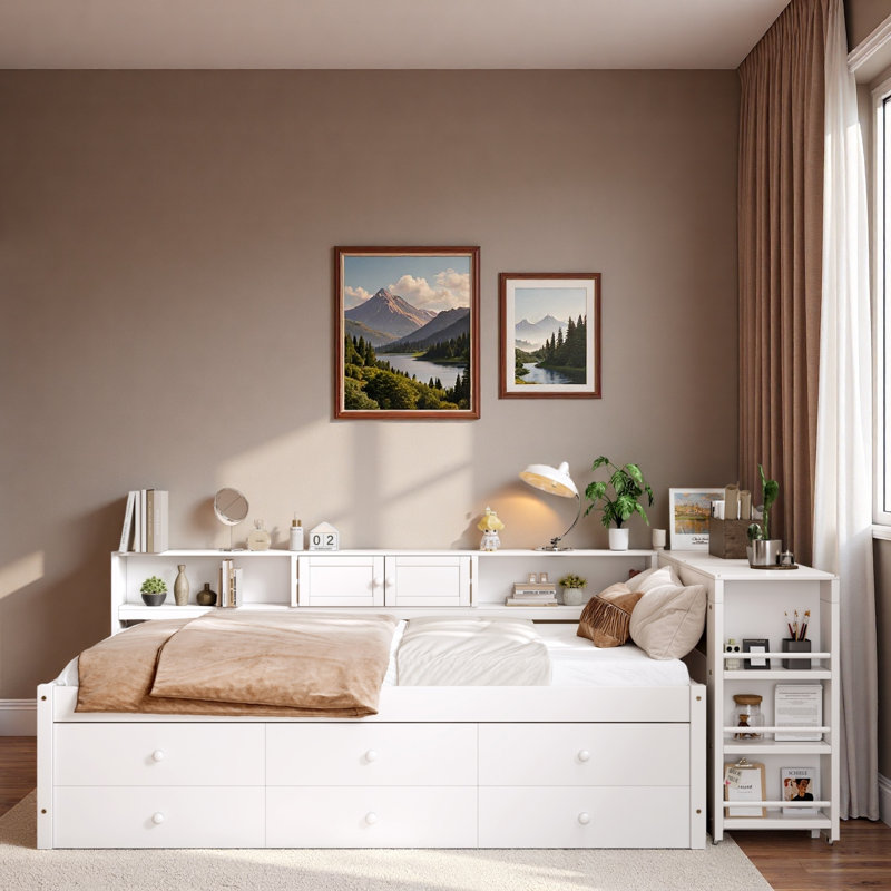 Lit de jour en bois avec tiroirs de rangement, tablettes latérales, bureau et lit gigogne, Lit simple, Blanc