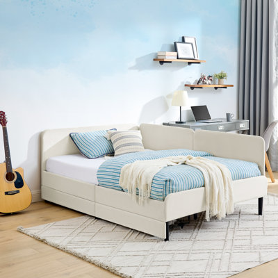 Structure de lit double tapissier pleine grandeur avec 2 tiroirs de rangement, velours beige réglable pour un confort de chambre à coucher moderne