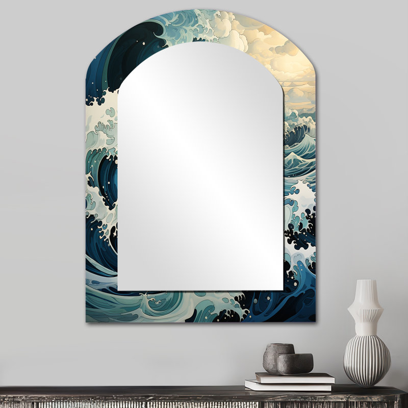Abstrait bleu et blanc Ocean Storm I - Grand miroir mural arqué sur métal, 34 po x 25 po