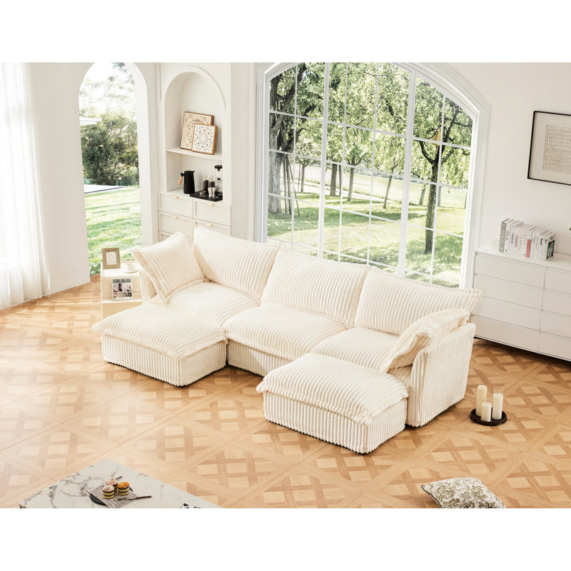 Siège profond 3 places, crème avec surpiqûres élégantes, canapé en nuage pour appartement modulaire en U avec housse, salon confortable