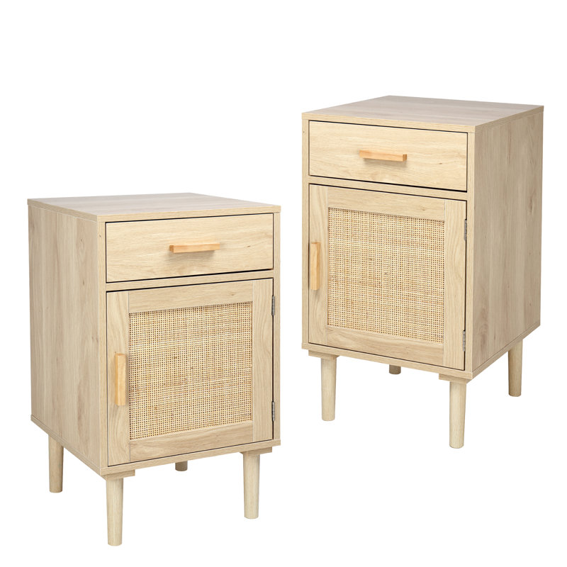 Cirsten Tall Nightstands Set Of 2, End Table, Side Table With Drawer And Shelf, Hand Made Rattan Decorated Doors, Wood Accent Table With Storage For Bedroom, 2 Pack