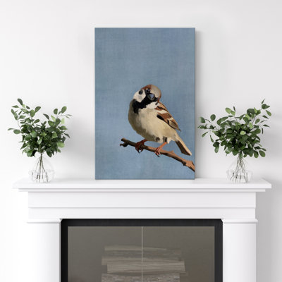 Impression sur toile moineau sur fond bleu - Décoration d'oiseau réaliste pour chambre de bébé ou bureau