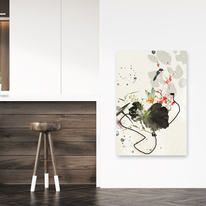 «Blossoms» et silhouette abstraite, délicat, élégant papillon, fleur de lotus, art mural, 48" H x 32" W