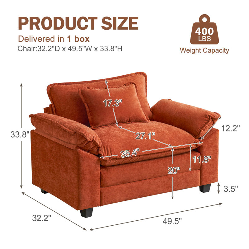 Brazell 49.5'' W Oversized Premium Chenille Armchair And A Half With Accent Pillow & Removable Cushions-Set Of 2, Orange