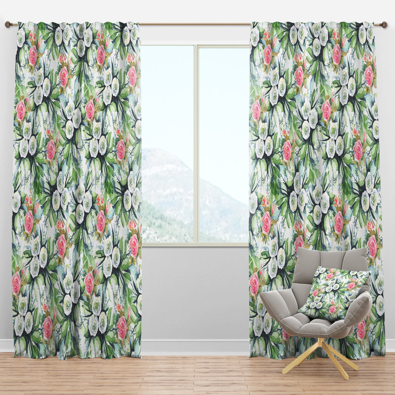 Panneau de rideau simple semi-diaphane avec passe-tringle Floral, Vert/rose, L 52 po x L 84 po