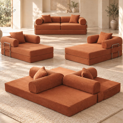 Canapé-lit convertible 5 en 1 de 200 cm (78,8 po) sans dossier, en velours côtelé, avec coussins de dossier et d'accoudoirs, idéal pour le salon ou la chambre à coucher, orange.