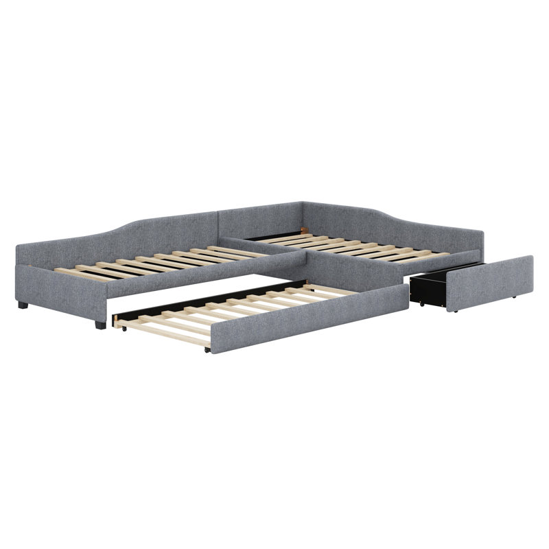 Upholstered Double Daybed With Trundle And Drawer, Gray