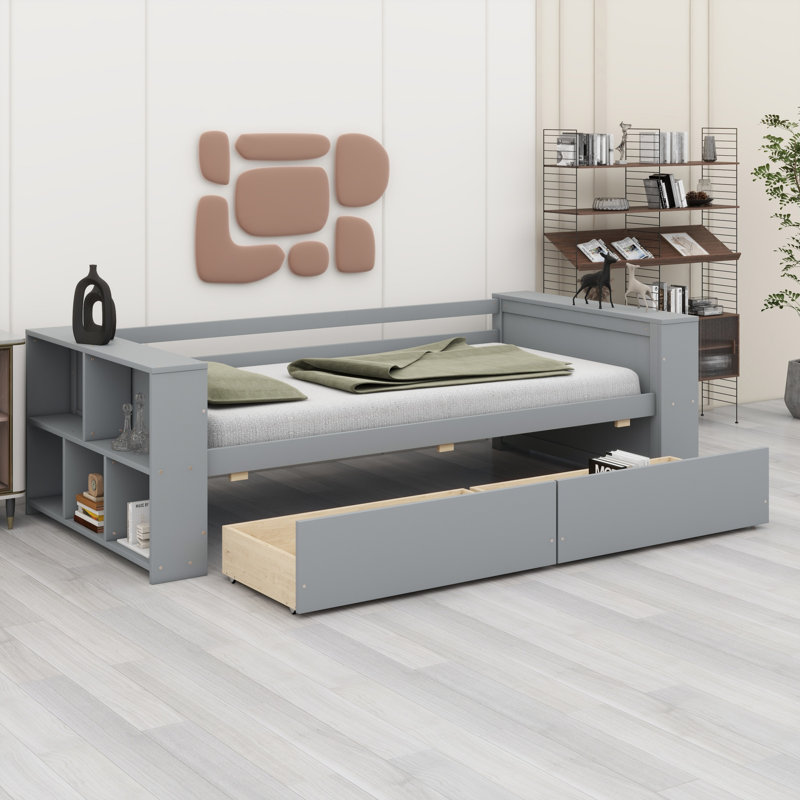 Lit de jour avec tablettes et tiroirs, Gris