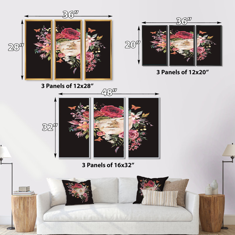 Sculpture rétro grecque avec fleurs séchées - reproduction de cadre flottant 3 pièces sur toile, H 32 po x l 48 po x P 1 po