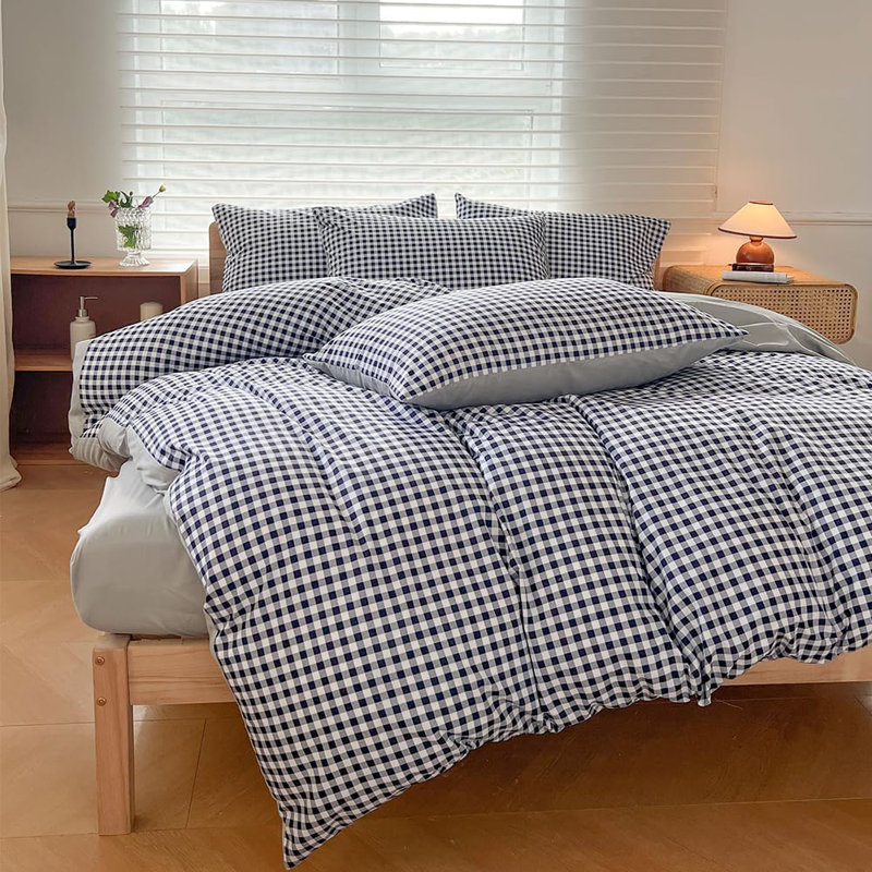 Gingham Duvet Cover Set, Grid Simple Geometric Square Pattern Comforter Cover, Soft Plaid Washed Microfiber Bedding Cover
