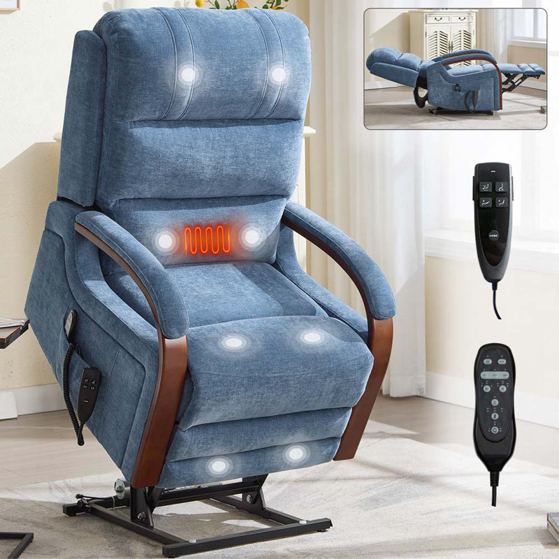 Power Lift Recliner Chair with Solid Wood Armrests, Heat Massage and Heavy Duty Motion Mechanism, Blue
