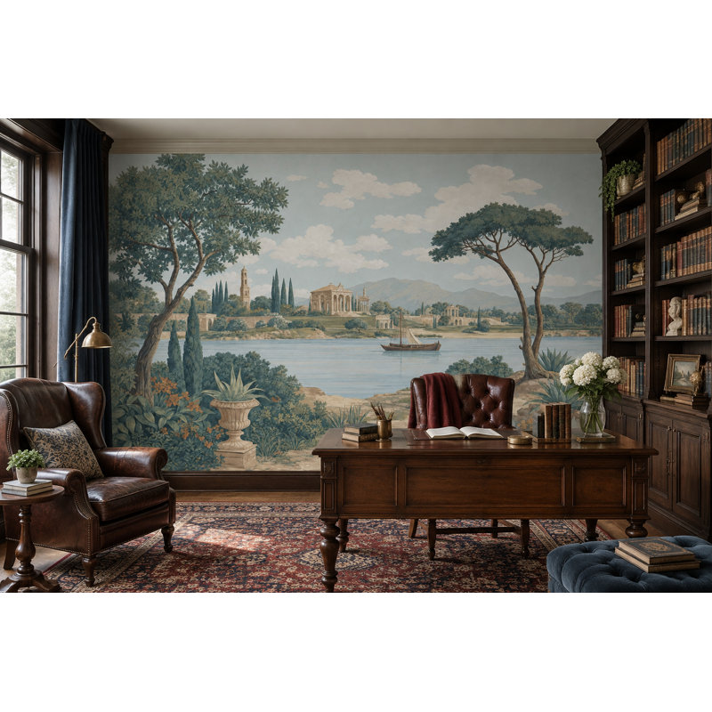 Papier peint mural vintage représentant un voilier au bord d'un lac, inspiré de l'architecture vintage., 160"x108"