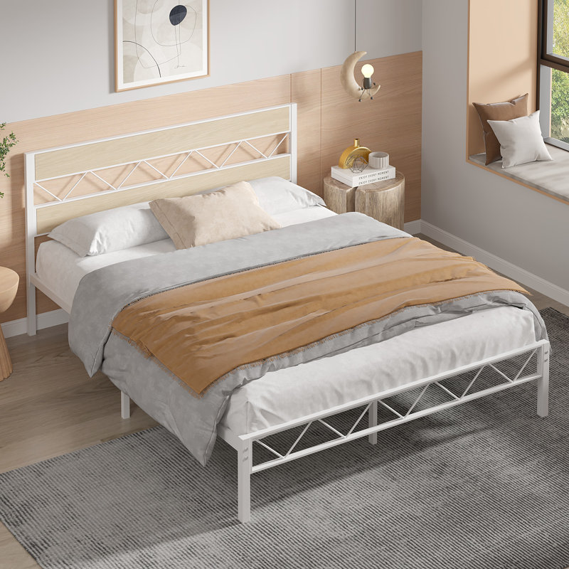Alicia Twin Size Industrial Metal Platform Bed Frame with Wood Headboard, Underbed Storage, Noise-Free, No Box Spring Needed