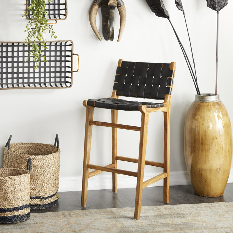 Tabouret de bar en cuir de teck avec repose-pieds Markus, Noir