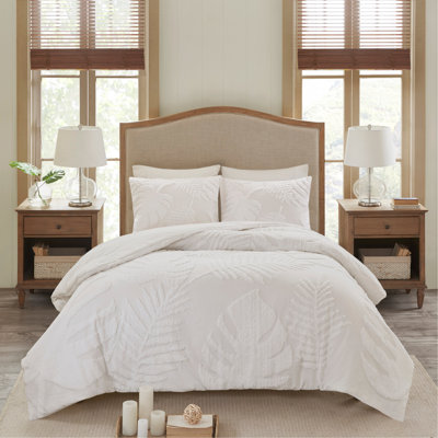 3 Piece Tufted Cotton Chenille Palm Comforter Set Off-White Full/Queen