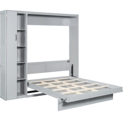 Gray Bed With Practical Shelves, Wardrobe, And Led Illumination Lights - For Spaces
