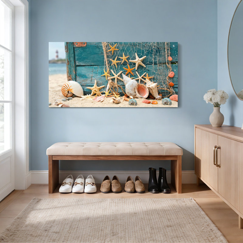 Ensemble de 1 tableau sur toile tendue représentant un coquillage, une étoile de mer et un filet de pêche, 4020