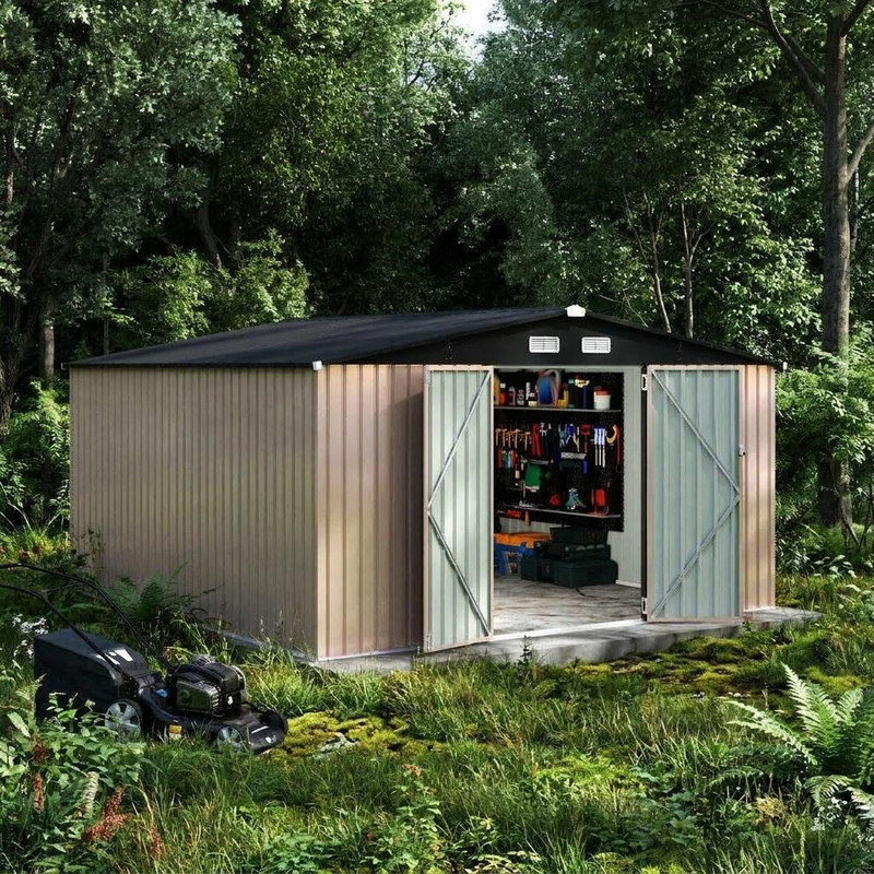 Remise de rangement extérieure en métal 12 pi x 12 pi - Porte verrouillable, ventilation d'air, remise pour outils de jardin et de cour