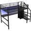 Lit mezzanine en métal noir en taille double avec bureau, escalier de rangement, petite armoire et 7 lumières à DEL modernes et compactes