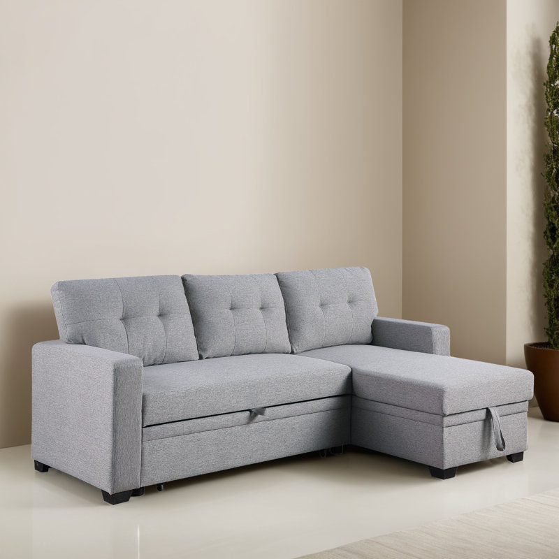 82.03" Pull Out Reversible Sleeper Sectional Sofa Bed with Storage Chaise, Light Gray Linen