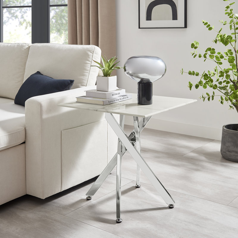 Atal Marble Effect Sofa Side Table - Glass Topped Metal Leg Small Table, Silver Chrome Metal, White Marble Effect