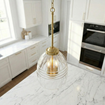 Ember 3 Light Satin Brass Pendant Clear Glass Shade with Satin Brass Finish