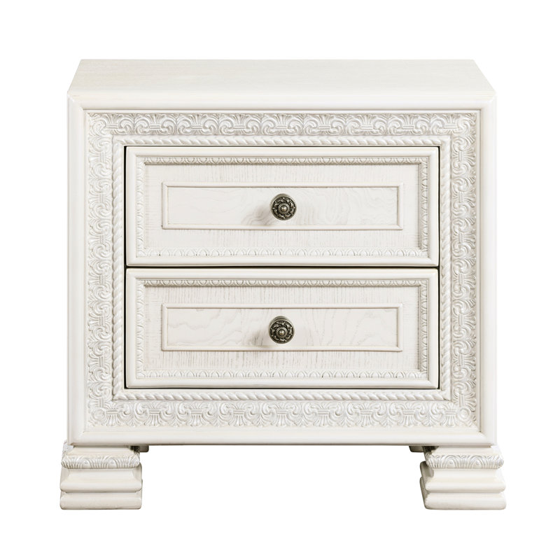 Table de chevet blanche avec 2 tiroirs et un ton antique dans des glissières à roulement