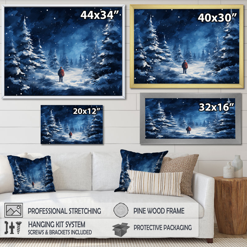 «Blue and White Winter Forest Wonderer», pin, art mural, H 24 po x l 32 po x P 1 po, Cadre flottant brun