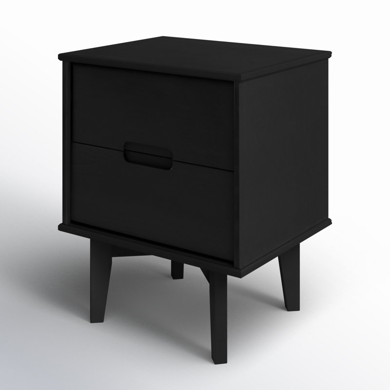 Solid Wood Groove Handle 2-Drawer Nightstand, Black