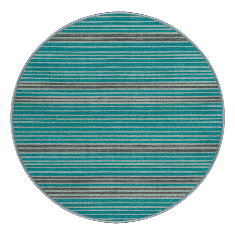 Washable Aqua Light Gray Striped Area Rug, Round 4'