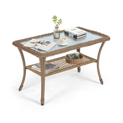  Wicker Patio Coffee Table, 34.48" Rectangle Outdoor Coffee Table With Tempered Glass Top And 2-Tier Storage Shelf, All-Weather Rattan Patio Side Table For Outside Poolside Deck Garden, Brown