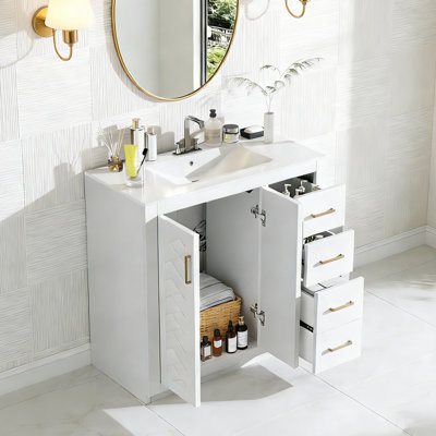 Ensemble de meuble-lavabo sur pied 36 po - Lavabo en céramique et armoire de rangement en bois massif avec 3 tiroirs et portes à fermeture en douceur