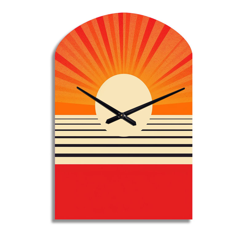 Minimal géométrique orange audacieux coucher de soleil VI - horloge murale arquée en métal, Grand