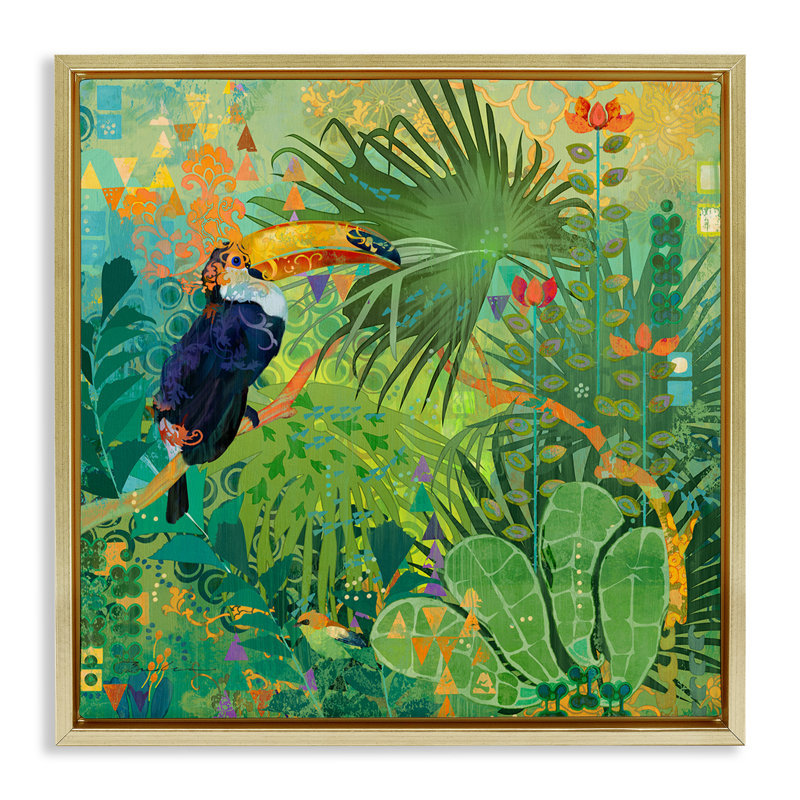 Toucan, forêt tropicale naturelle, H 18 po x l 18 po, Cadre flottant métallique doré